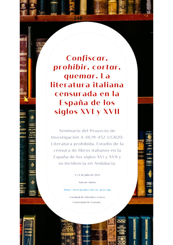 Cartel promocional del seminario "La literatura italiana censurada en la España de los siglos XVI y VXII"